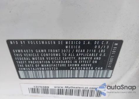 2013 Volkswagen Jetta S from USA, damaged, VIN 3VW2K7AJ9DM303720